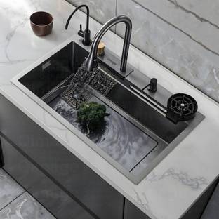 Q-IMAGE KITCHEN SINK WITH ANTI SCRATCH DESIGN INTEGRATED WATERFALL AND PULL-DOWN FAUCET SET/304 GRADE STAINLESS STEEL SINK WITH CUP WASHER,DRAIN BASKETS (30x18x9 INCH) Vessel Sink