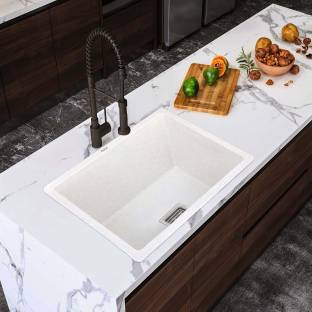 RUHE Quartz Single Bowl 24x18x9 inches Kitchen Sink| Crystal White Matte Finish Natural Crystal White Granite Stone Matt Finish Vessel Sink Top Mount