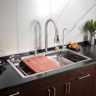 RUHE Nano Kitchen Sink 304-Grade Single Bowl (30x18x9 Inches) with Integrated Waterfall & Pull Out Faucet Vessel Sink