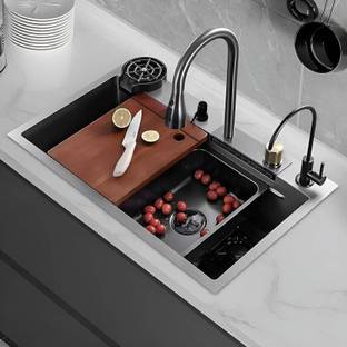 Allwinsink Matt Black, with Faucet/Abs Soap Dispenser/Cup Washer / 2-Drain Basket Waterfall Kitchen Sink, 304 Stainless Steel, 30x18x9 Inch Vessel Sink