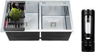 MESSINA Double Bowl Sound Proof Handmade Kitchen Sink (32"�18"�10") Matt Finish Vessel Sink