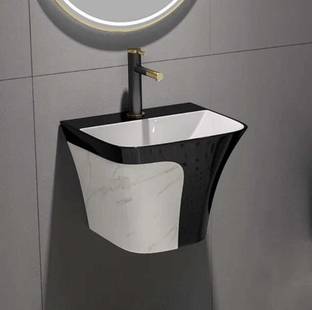 Lurexa Premium Quality (LHB/014) Black Semi Pedistal Wash Basin With White Marble Finish Basin For Home Wall Hung Basin