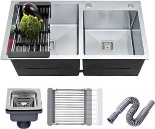 MESSINA 32 X 18 X 10 Tap hole Handmade Kitchen Sink Double Bowl Sound Proof SS 304 Grade 32 X 18 X 10 Tap hole Handmade Kitchen Sink Double Bowl Sound Proof SS 304 Grade Vessel Sink