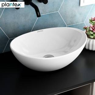 Plantex Wash Basin/Basin for Bathroom/Tabletop Wash Basin Platinium Ceramic Tabletop Oval Wash Basin/Countertop Sink (14.5x13.5x7 Inch) Table Top Basin
