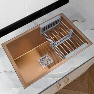Bowlsandmore ROSE GOLD FINISH 24"x18"x10" 304 GRADE STAINLESS STEEL HANDMADE KITCHEN SINK WITH DRAIN RACK Vessel Sink