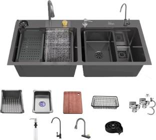 Fossa 47"x18"x09" Double Bowl with Integrated Waterfall Sink and Pull Down Faucet With Steel Tray Fruit Basket and Complete Accessories Set Vessel Sink