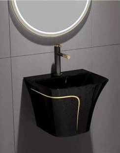 D O T HB :010 Premium Quality Designer Ceramic Shining Black Semi Pedistal Wash Basin With Yellow Finishing Line Wall Hung Basin