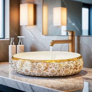 Lofina Ceramic Premium Ceramic vessel Sink Which Gives Look To your Home Golden Wash Basin 2203OLD(L61xW43xH14Cm) Very Stylish Bathroom Luxury Ceramic Wash Basin Table Top Basin