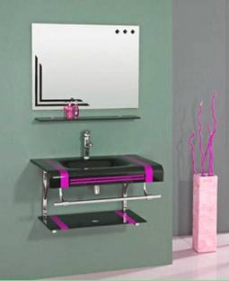 Vision glass OV_006 (24"x21" Inch) Glass Wash Basin With Mirror, Self & Steel Stan Wall Hung Basin