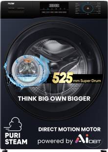 Haier 9 kg AI with Direct Drive Technology,Puristeam and Refresh Function, Anti Bacterial Technology, Super Drum 525mm with Custom Wash Programs Fully Automatic Front Load Washing Machine Black, Blue