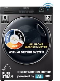 Haier 10.5 kg AI, Wi-Fi, Direct Drive Technology, Condensor and Sensor Dry with Dual Cycle Technology, Puristeam and Refresh Function, Anti Bacterial Technology, Super Drum 525mm with Custom Wash Programs Fully Automatic Front Load Washing Machine with In-built Heater Grey