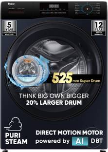 Haier 8 kg AI with Inverter Motor,Puristeam and Refresh Function, Anti Bacterial Technology, Super Drum 525mm with Custom Wash Programs Fully Automatic Front Load Washing Machine Black