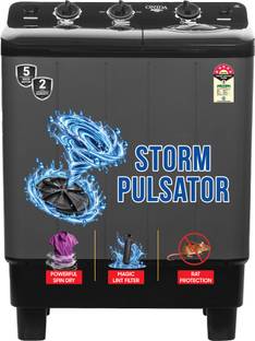 ONIDA 7 kg 5 Star With Five-Fin Storm Pulsator Semi Automatic Top Load Washing Machine Black, Grey