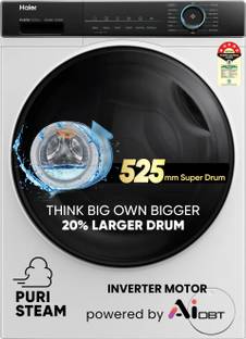 Haier 8 kg AI with Inverter Motor, IPuristeam and Refresh Function, Anti Bacterial Technology, Super Drum 525mm with Custom Wash Programs Fully Automatic Front Load Washing Machine Black, White
