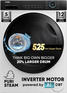 Haier 8 kg AI with Inverter Motor, IPuristeam and Refresh Function, Anti Bacterial Technology, Super Drum 525mm with Custom Wash Programs Fully Automatic Front Load Washing Machine Black, White