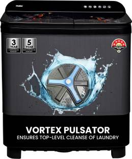 Haier 9 kg Toughened Glass with Digital Kingfisher Print, Anti Bacterial Vortex Pulsator, 1300 RPM, Spray Function, Wash Programs, Magic Filter, Rat Mesh Semi Automatic Top Load Washing Machine Black, Grey