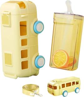 FUNVERSE Bus Shape Water Bottle With Straw For Kids,Movable Wheels,Plastic 500 ml Water Bottle
