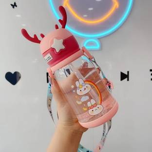 x pulse Antlers Shape Cartoon Print with Straw and Backing Strap Water Bottle 600 ml Water Bottle