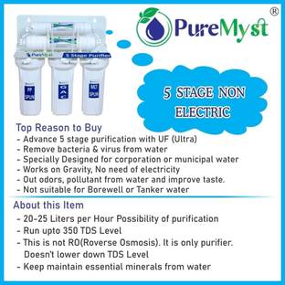 PureMyst 5-Stage Non-Electric Gravity Base Water Purifier - UF Membrane, Activated Carbon Solid Filter Cartridge