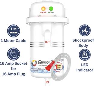 GRINISH 1 L Instant Water Geyser (1L Instant Hot Water Portable Geyser with Shock Proof Body, White)
