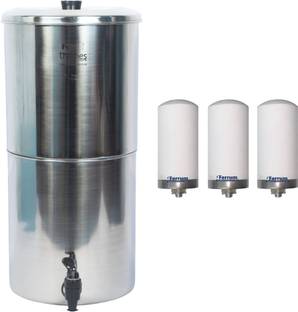 Ferrum ThamesPure Stainless Steel Non Electric Water Filter | 3 Ceramic Filter Candle 27 L Gravity Bas...