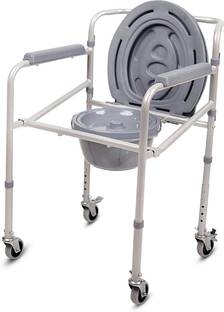 VMS Careline Standard Foldable ,Height Adjustable Commode with Long Bucket Manual Wheelchair