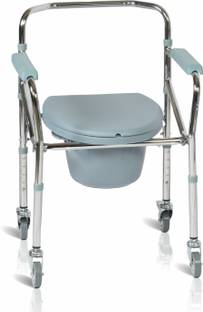 VMS Careline Standard Foldable ,Height Adjustable Commode with Long Bucket Manual Wheelchair