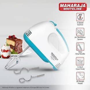 MAHARAJA Whiteline Whisk ! SS Dough Hooks and Chrome Plated Beater Attachment, (White) Plastic, Stainless Steel Flat Whisk