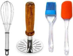 THE SF Balloon Whisk, Wooden Masher, Spatula and Brush Combo Stainless Steel Spiral Whisk
