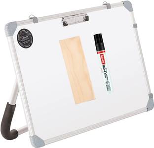 Eduway Non Magnetic Wooden Dry Erase 1x1.5 Feet White Board with Stand | Standing Whiteboard | Table Top with Paper Clip for Study, Learning etc. with 1 Marker, 1 Duster - 40x60 Cms Whiteboards and Duster Combos