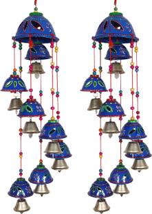 KUBER INDUSTRIES Rajasthani Handcrafted Hanging Windchimes|Latkan With 8 Bells Pack of 2 (Blue) Plastic Windchime