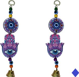 BZILO Pack Of 2 WindChime Hamsa Hand wooden Wall Hangings Design & Color May vary D47 Polyresin Windchime