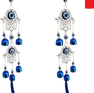 BZILO Pack Of 2 WindChime Hamsa Hand Metal Evil Eye Wall Hangings Design May vary O35 Polyresin Windchime
