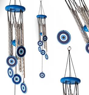 Pseudo Evil Eyes Wind chimes for Balcony Bedroom 5 Silver Pipes Wooden and Aluminium Wood Windchime