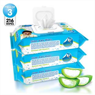 GLIDER Baby Wipes - with Moisture Lock Flip-Top , Contains Aloe Vera & Vitmain E , pH balanced with No Parabens & Chlorine - Pack of 3