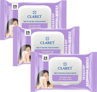 CLARET Makeup Removal Wipes (150mm x 200mm) - 25 Pulls | Alcohol-Free | Pack of 3 Makeup Remover