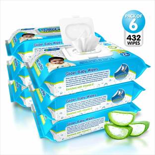 GLIDER Baby Wipes - with Moisture Lock Flip-Top , Contains Aloe Vera & Vitmain E , pH balanced with No Parabens & Chlorine - Pack of 6