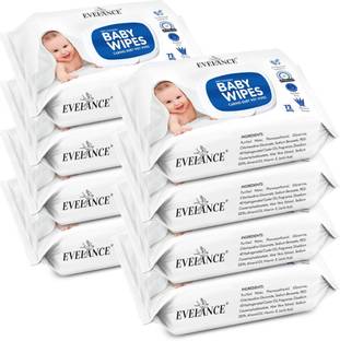 EVELANCE Caring Baby Wet Wipes with lid & Aloe Vera Extract| 72 Pieces|Pack Of 8