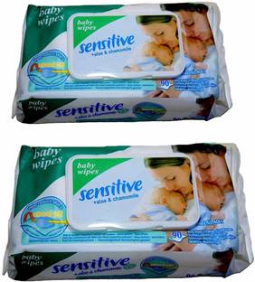 sensitive Baby Cotton Wipes with Flip Top Soft Cleansing Anti Bacterial Travel Pack Parabeen Free + Aloe and Chamomile with 90 Wipes in 1 Pack