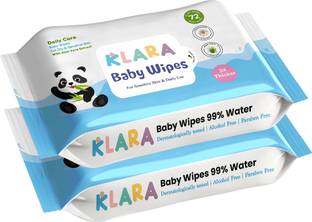 Klara 99%Pure Water Baby Wipes with Aloe Vera,Rash-Free(72 Wipes Each Pack,Pack of 2)