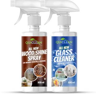 QUICLEAN Wood Shine Spray & Glass Cleaner Spray Combo Green and Sky Blue Wood Varnish