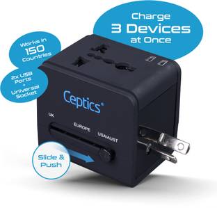Ceptics Universal Travel Adapter 3 in 1 With 2 USB Ports, Works More Than 150 Countries Worldwide Adaptor