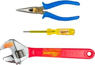Globus 755 SET/3.Adjustable Wrench Soft Grip10"/250MM Nose Plier(7 inch)Tester 5"/125MM Single Sided Open End Wrench