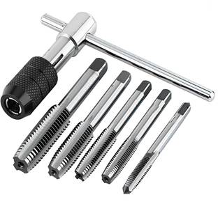 Digital Craft Tungsten Steel 6Pc Tap & Wrench Set – M6 M7 M8 M10 M12 Thread Drill Bits for Metal Cutting, Threading & Repair Work Single Sided T Type Wrench