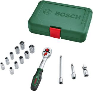 BOSCH 14 Pc 1/4 Inch Drive Socket Set - Ergonomic Soft Grip Handle Magnetic Bit Holder and Sturdy Chrome Vanadium Steel for Versatile DIY Use Single Sided Rachet Wrench