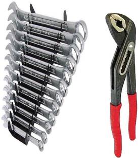 Exotic Arcade Combo of 12 Pcs Long Combination Spanner Set(6-22 MM) With 10" Water Pumplier || Heavy Duty Hand Tool Kit || Double Sided Combination Wrench