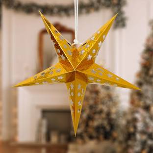 eCraftIndia Golden Paper Merry Christmas Star Lantern Lights Hanging Star Pack of 2