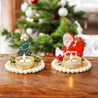 SHUBHKARIYA tree and Santa candle Plastic 2 - Cup Tealight Holder Set