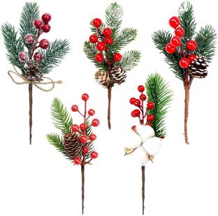 maycreate Christmas Pinecones and Red Berries Branches Set Hanging Ornaments Pack of 5