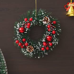 eCraftIndia Merry Christmas Wreath with Red Berries Balls Flowers Hanging Ornaments Pack of 1